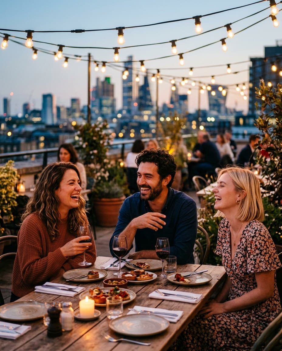 Friends at a rooftop dinner at dusk